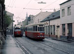 Wien Wiener Stadtwerke-Verkehrsbetriebe (WVB) SL 60 (E1 4515 / c2 1066 (Lohnerwerke 1972 bzw. 1957)) XXIII, Liesing, Mauer, Speisinger Straße am 2. November 1975. - Scan eines Diapositivs. Kamera: Minolta SRT-101.