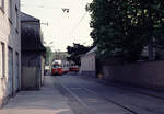 Wien Wiener Stadtwerke-Verkehrsbetriebe (WVB) SL 60 (E1 4520 (Lohnerwerke 1973)) XXIII, Liesing, Rodaun, Kaisersteiggasse / Rabensteinergasse am 3. Mai 1976. - Scan eines Diapositivs. Kamera: Leica CL.