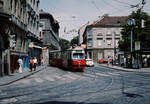 Wien Wiener Stadtwerke-Verkehsrbetriebe (WVB) SL 10 (E 4437 (Lohnerwerke 1963)) XIV, Penzing, Breitensee, Hütteldorfer Straße / Breitenseer Straße im Juli 1977. - Scan eines Diapositivs. Kamera: Leica CL.