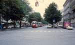 Wien WVB SL 26 (E1 4555) Heinestrasse / Taborstrasse im Juli 1977.