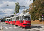 Wiener Linien E1 4549 + c4 1367 als Linie 49 in Baumgarten, 07.10.2016.