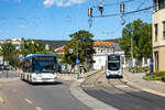 Baden. Am Josefsplatz trifft am 30.08.2026 Triebwagen 531 der Badner Bahb auf einen Iveco Crossway von Dr. Richard.