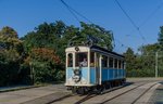 Der Salonwagen der Wiener Lokalbahn (Badnerbahn) unterwegs als private Sonderfahrt in der Schleife  Quartier Belvedere  am 28.August.2016.