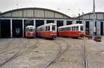 Welches Depot der Wiener Straßenbahn ist das wohl? SGP- Straßenbahnbeiwagen der Serie c 1. 16.08.1984