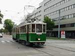 Am 23.08.2019 fuhr TW 121 mit Beiwagen
60 B als Sommerbim. Hier zu sehen ist
die Garnitur kurz vor der Messe. 