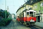 Straßenbahn Innsbruck___Zug der Linie 4 mit Tw 8 [1909; Graz/AEG] am Unteren Stadtplatz in Hall, abfahrbereit nach Innsbruck.__20-08-1973