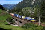 Lokomotion E 189 912 werbend f�r das CREAM-Projekt und 185 663 bespannen am 28.08.12 einen KLV und ziehen ihn �ber das Pyrkersh�he Viadukt bei Bad Hofgastein.