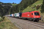 ÖBB 1216 004-2 am Zugschluss einer ROLA von Brennersee nach Wörgl Terminal Nord bei der Talfahrt.