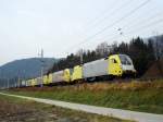 Dispolok-Viererpack an einem GZ mit zwei Taurus und zwei E 189 (die hinterste l�uft kalt mit) bei Terfens-Weer am 19.11.2008