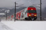 86-33 027-2 als Dosto Steuerwagen bei winterlichen Verhältnissen kurz vor Dornbirn Haselstauden.
