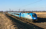 MAV 470 006 ‘150 years Hungarian railways’, unterwegs mit dem Schnellzug 145 "Lehar" von Wien nach Budapest, am 15.02.2019 kurz vor Gramatneusiedl.