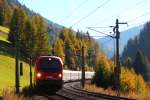 Die BB 1216 018 befrdert einen DB BB EuroCity am 29.10.11 nach Innsbruck.
Aufgenommen in Wolf bei St.Jodok am Brenner.