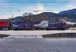 Seitenansicht der "Sternelok" 1116 158-7 beim Halt im Bahnhof Greifenburg-Weißensee.