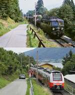 Entlang des Ossiacher Sees verläuft die Strecke der früheren Kronprinz-Rudolf-Bahn von St. Veit an der Glan nach Villach. Auf der oberen Aufnahme, die im Sommer 1981 entstand, fährt die noch im ursprünglichen Zustand mit dem schönen ÖBB-Emblem und grünen Zierstreifen befindliche 1042.18 mit einem Güterzug nach Villach, darunter ist der 4746 544 am 22.08.2022 zu sehen. Die vom Bahnhof Sattendorf aus bediente Schrankenanlage ist inzwischen durch eine Lichtzeichenanlage ersetzt worden, am Straßenzustand hat sich nicht viel geändert, dafür ist jetzt ein Seeblick möglich.