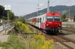 Wendezug 80-73 041 als IC513 (Salzburg-Graz) hat am 23.08.2013 soeben die Abzweigung Bruck/Mur Stadtwald passiert und befindet sich schon am Schleifengleis Richtung Graz.