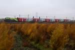 1116 142  CAT  war am 26.10.2013 mit R 2329 von Breclav nach Payerbach-Reichenau unterwegs. Die Aufnahme entstand an der Landesgrenze zwischen Niedersterreich und Wien bei Senbrunn.