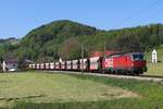 Mit einem gut 1600t schweren Erzzug von Koper kommend rollt am 28.4.2025 die 1293 021 durch den Bahnhof Lahrndorf ihrem Ziel Linz Stahlwerke entgegen.