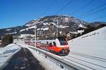 Der 4746 039 befand sich am 07.02.2020 als REX 1515 auf dem Weg von Wörgl Hbf nach Salzburg Hbf, als bei Fieberbrunn diese Aufnahme des sich elegant in die Winterlandschaft einfügenden  cityjet -Desiros gelang.