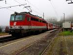 1142 624-6 schiebt R3410 aus dem nebelig,verhangenen Bhf. Traunkirchen; 201025