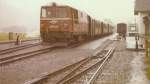 2095.04 ist am 23.10.1978 bei regenerischem Wetter im Endbahnhof der Bregenzerwaldbahn in Bezau eingefahren 