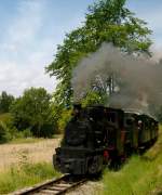 Dampflok  Christl  Bn2t mit einem Zug von Pöckstein-Zwischenwässern nach Treibach-Althofen bei der Scheinanfahrt an der Haltestelle Hohenholz. Aufgenommen am 3.8.2014.