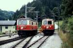Im Bahnhof Laubenbachmühle treffen sich die 1099 003-4 und 1099 013-4 (Juli 1991)