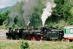 19.07.1998, Österreich, Pinzgauer Bahn, ein Sonderzug mit den Lokomotiven „Thörl“ (STMLB 6) und ÖBB 399.01 fährt in Richtung Krimml.