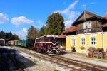 Die Kulisse des Schlosses Stainz bleibt uns im Bild leider verborgen durch die hohen Bäume im Hintergrund. Bahnhof Stainz am 10.10.2014