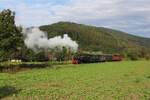 Der 3km lange Abschnitt der Gurktalbahn von Treibach-Althofen nach P�ckstein-Zwischenw�ssern wird in den Sommermonaten vom Verein  Gurktalbahn  betrieben, der unter anderem f�nf Dampflokomotiven besitzt, wovon leider nur die 898.01 betriebsf�hig ist.
Sie dampft hier am 5.9.2026 mit einem typischen GmP (G�terzug mit Personenbef�rderung) von P�ckstein-Zwischenw�ssern nach Treibach-Althofen.