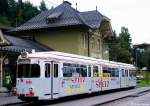 IVB Wagen 81 mit Werbung Spitz.at, Stubaitalbahn Innsbruck - Fulpmes, fotografiert im Bhf. Fulpmes am 21.08.2002 --> Dieser um 1960 von der Firma DUEWAG ursprnglich sechsachsige Gelenktriebwagen GT6Z kam 1976 von der Hagener Straenbahn AG zur Stubaitalbahn. nach 1980 erfolgte, unter Verwendung des Mittelteiles der von der Straenbahn Bielefeld gekauften 8-achsigen DUEWAG-Triebwagen, ein Umbau zu GT8ZR. 