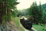 Dampfzug der Waldviertelbahn, ÖBB-Lok 399.04, Ort ist evtl. Bruderndorf.
Datum: 20.08.1984
