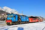 Lok D16 der Zillertalbahn beim Halt im Bahnhof Jenbach. Aufgenommen am 10. Februar 2013.