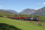  Licht ins Dunkel  1116.158 fährt mit RJ-559 am 6.5.17 bei der Steinbauerwiese mit Rax und Schneeberg im Hintergrund am Eichberg bergwärts.