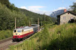 Ein ganz seltener Gast auf der Semmeringbahn,die E 10.1309 mit S.Z.-20362 hinter Küb am 16.7.17