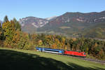 Rail Cargo 1216.228 bringt bei schönster Herbststimmung ihren RJ-557 bei Eichberg über den Semmering. 17.10.17