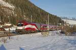 1116 249 (Lage Fahne)als Railjet kurz vor Mürzzuschlag am 24.01.2018.