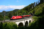 Die 1116 225 mit einem Railjet Zug in Richtung Wien kurz vor der Haltestelle Wolfsbergkogel.
31.07.2022.