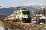 EM-Lok 1116 264 Euromotion fhrt mit IC 252 von Maribor nach Wien.
Spital am Semmering 28.12.2008