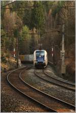 Durch den blauen Einschnitt, schlngeln sich die beiden WLB Loks, ES64U2 024 und ES64U2 019 mit dem Containerzug 43623.  
Klamm 24.3.2012