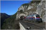 Morgens um 9 Uhr, rollt Werbetaurus 1116 250  Polizei  mit dem RJ 554 (Graz Hbf - Wien Meidling) durch den 14 m langen Krausel Tunnel, nahe Breitenstein.
17.11.2012
