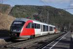 Selten kommen Triebwagen der Reihe 5022 auf der Semmeringstrecke zum Einsatz. Das Bild zeigt den 5022 032 bei einer Überstellfahrt in der Haltestelle Schlöglmühl aufgenommen am 26.01.2015