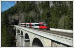 Betriebsfahrt eines Talent 4024 von Mrzzuschlag nach Wien, zwecks Austausch der Sandksten, aufgenommen am 30.3.2008 bei der Querung des Krausel-Klause-Viadukt (L: 87 m; H: 36 m) kurz vor