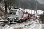 1116 249 (lange Fahne) als Railjet bei Spital am Semmering am 29.12.2014.