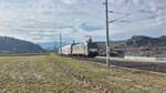 GKB (Beacon) Vectron der Baureihe 193 mit einer S6-Garnitur auf dem Weg nach Graz Hauptbahnhof, am Vormittag des (wolkigen) 1. Februar zwischen der Haltestelle  Wies Markt  und  Pölfing-Brunn , hier auf Höhe  Bauhof Wies :