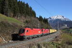 1116 121 und 1116 042 waren mit einem Containerzug am 8. November 2025 bei Pfaffenschwend auf dem Weg nach Wörgl.