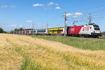 Der neue Werbe-Railjet �FB, gezogen von der 1116 237 am 15.06.2026 bei Gunskirchen.  