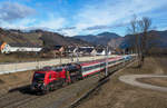 GySEV 470 503 mit EC 151  Emona  von Wien Hbf nahc Ljubljana in Stübing, 16.02.2021. 