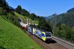 Am 09. August 2018 konnte ich die 189 912 und 193 770 von Lokomotion mit einem aufgrund der Brennersperre umgeleiteten KLV bei Oberuntersberg in der Nähe des Bahnhofs Loifarn an der Tauernbahn aufnehmen. Hier sieht man den Zug beim Verlassen des Kenlach-Tunnels, die Strecke wurde in diesem Bereich vor einigen Jahren komplett neu trassiert. 