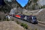 Der Frachtanfall beim G 54597 von Linz Vbf nach Villach war am 29. März 2019 überschaubar. Dennoch erhielt die 1144.262 ab Schwarzach-St. Veit den planmäßigen Vorspann über den Tauern. An diesem Tage war für diese Aufgabe die Licht ins Dunkel Werbelok 1116.158 eingeteilt. Unterhalb der Burg Klammstein am Eingang zum Gasteinertal konnte ich die Leistung aufnehmen.  