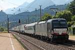 Nachschuss am 02.07.2018 auf MRCE/ÖBB X4 E-600 (193 600-4) , als diese am Zugschluss einer RoLa (Wörgl - Brennersee) mit der Zuglok MRCE/ÖBB X4 E-866 (193 866-1) hing und durch den Bahnhof von Fritzens-Wattens fuhr.